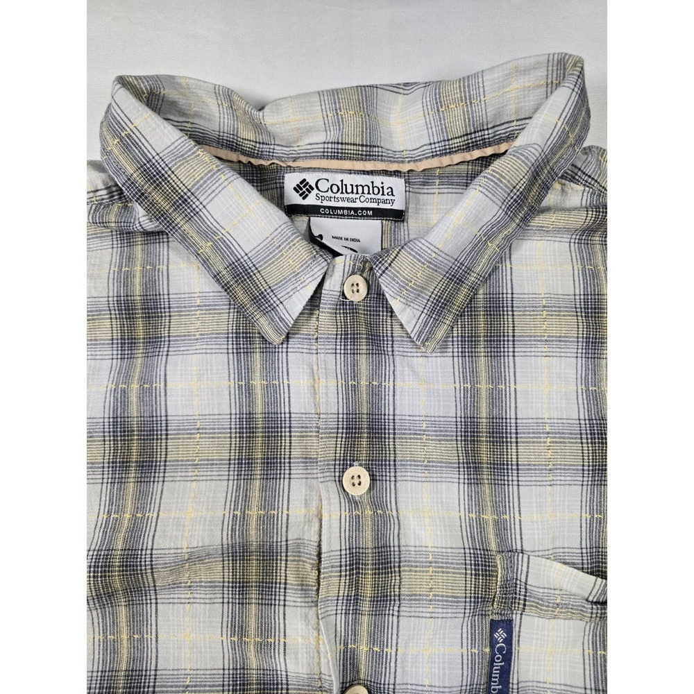 Columbia Mens XL Plaid Short Sleeve Button Up Shirt Grey Yellow Cotton